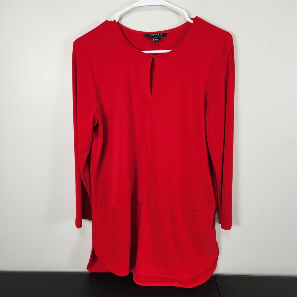 Lauren Ralph Lauren Women's Red‎ Keyhole Long Sleeve Blouse Tunic Top Medium